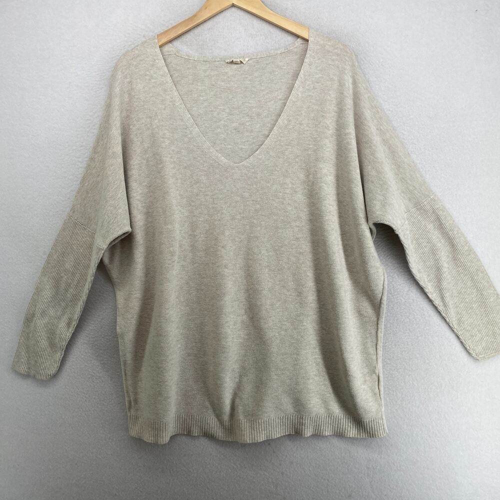 EILEEN FISHER Sweater XL Organic Cotton Deep V-Neck Tunic Dolman Sleeve Beige - Picture 1 of 11
